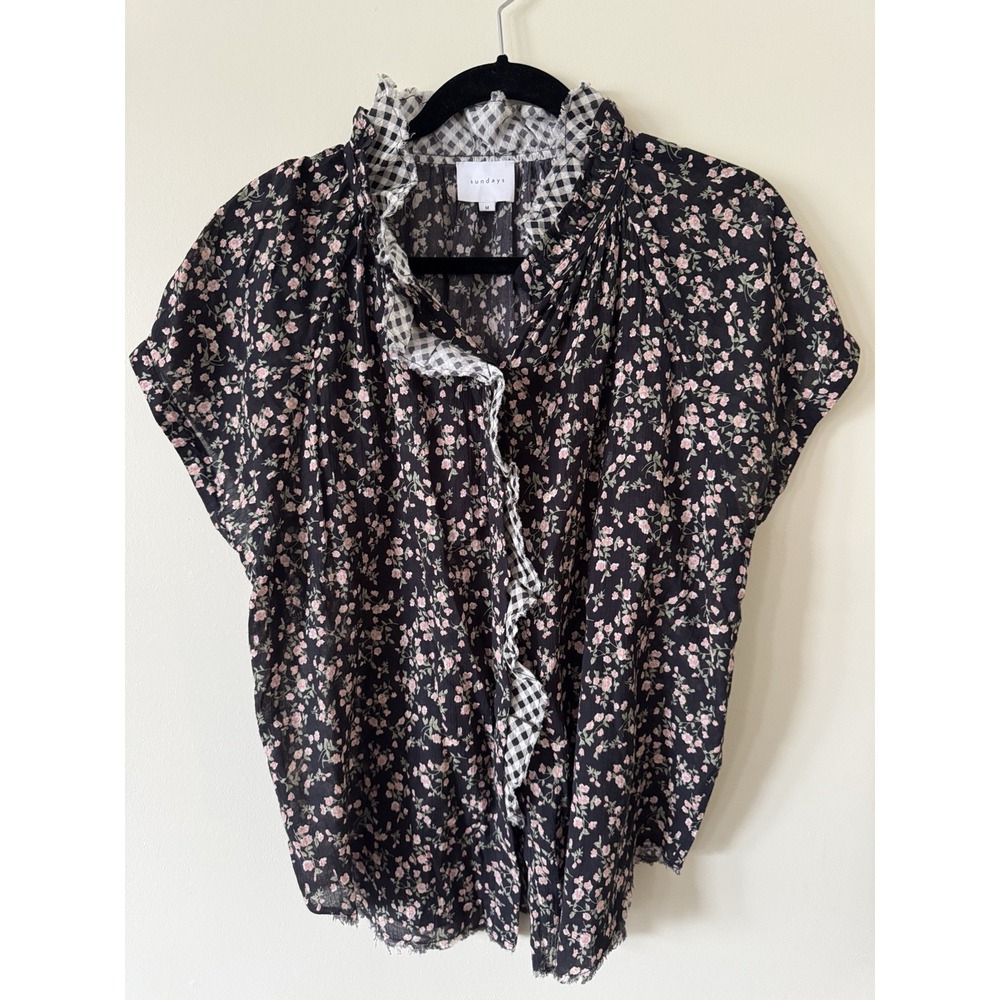 Sundays By We are Sundays Leah Shirt Women M Black Floral Gingham Button Up Boho